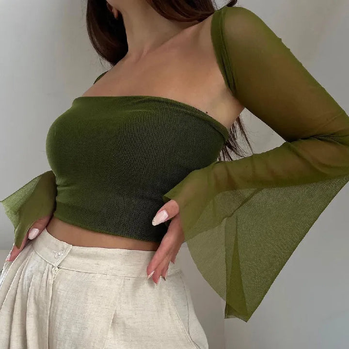 Whimsical Mesh Crop Top With Flares