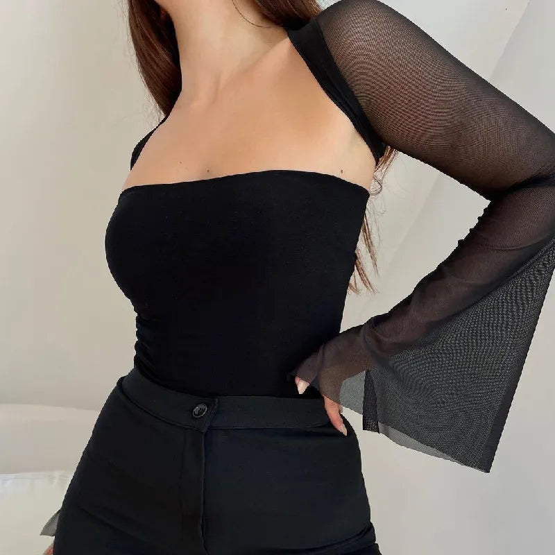 Whimsical Mesh Crop Top With Flares