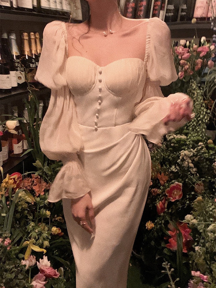 Pearl Elegance Puff Sleeves Midi Dress