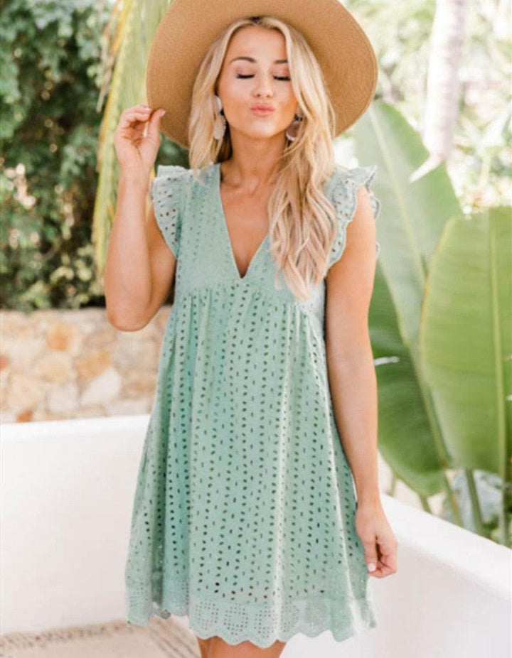 Plus Size 3XL Oversized Mini Dress Sexy Hollow Out Lace V Neck Ruffle Sleeve A Line Sundress Summer Dress with Pocket and Lining - Bella Chix Co