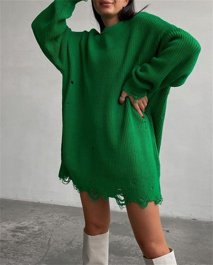 Fuzzy Torn Knitted Sweater Dress - Bella Chix Co
