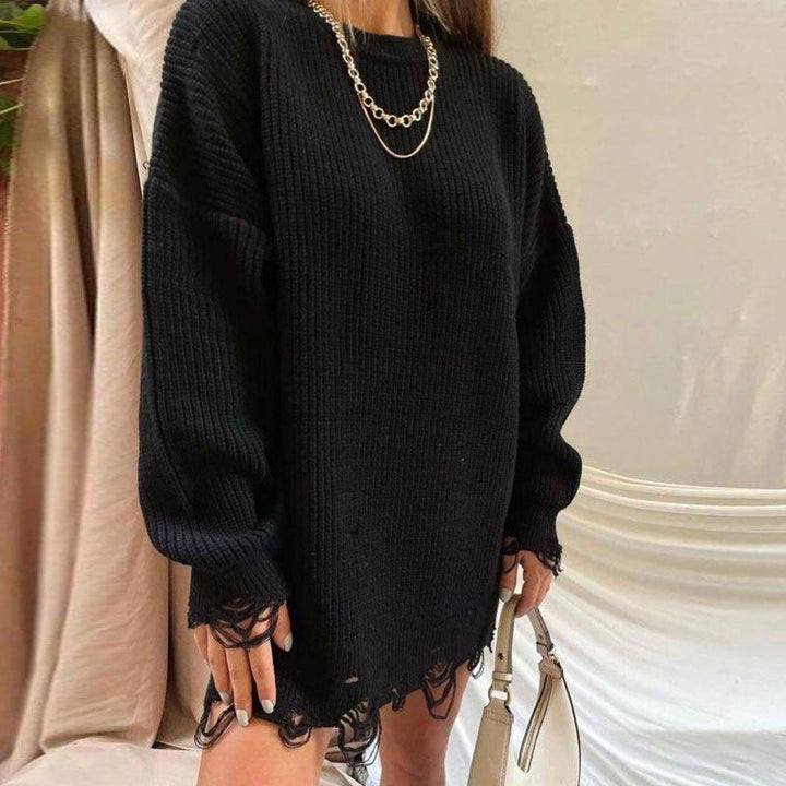 Fuzzy Torn Knitted Sweater Dress - Bella Chix Co