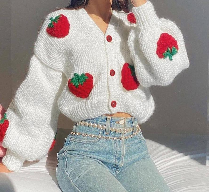 Strawberry Kintted Long Sleeve Cardigan Sweater - Bella Chix Co